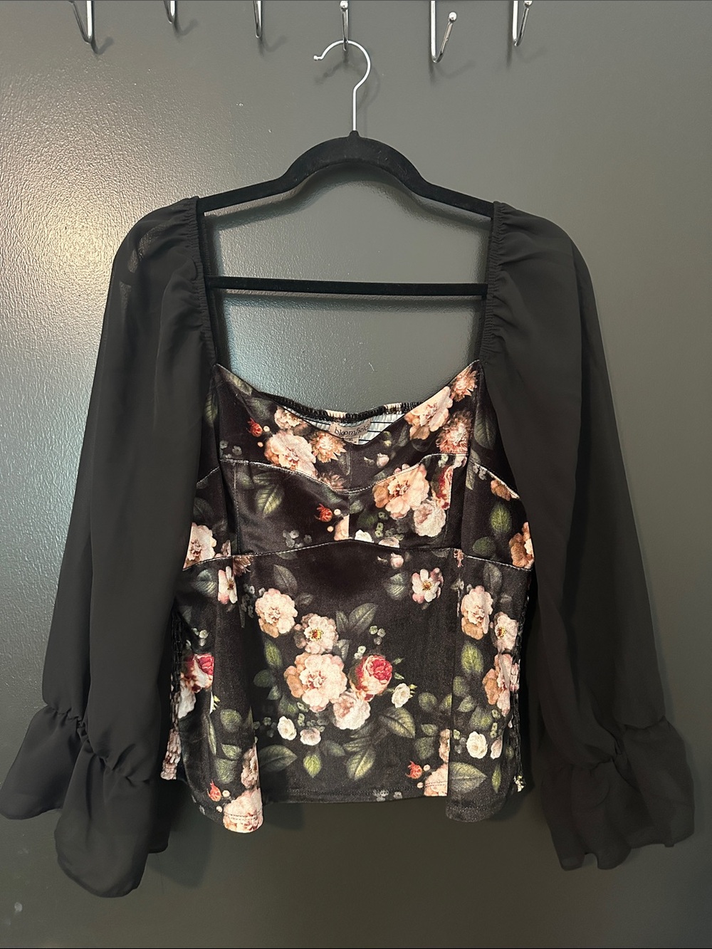 Black Floral Satin Blouse with Sheer Long Sleeves